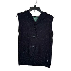 Woolrich Women's Sweater Hooded Speckled Vest Button Round Hem‎ Black Sz. Medium